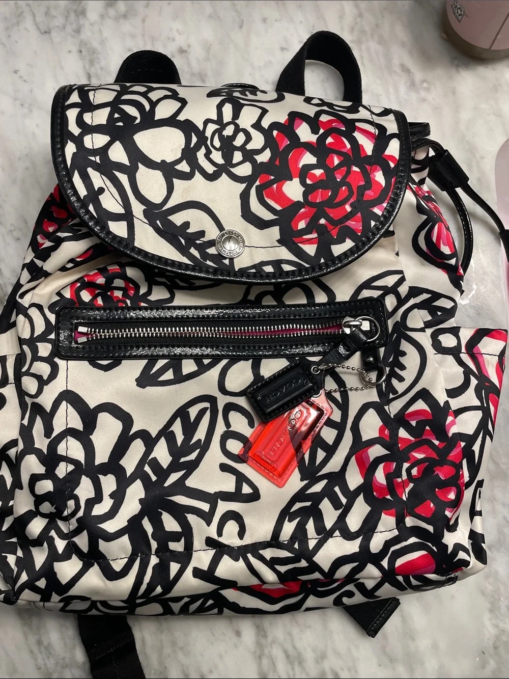 Coach Cream Floral Convertible Backpack with Black & Red Accents - Picture 1 of 12